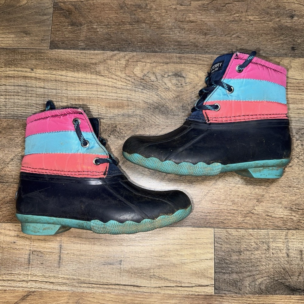 Sperry Girl's Top Sider Saltwater Rain Boots Navy Blue Multicolor Size 11M Youth